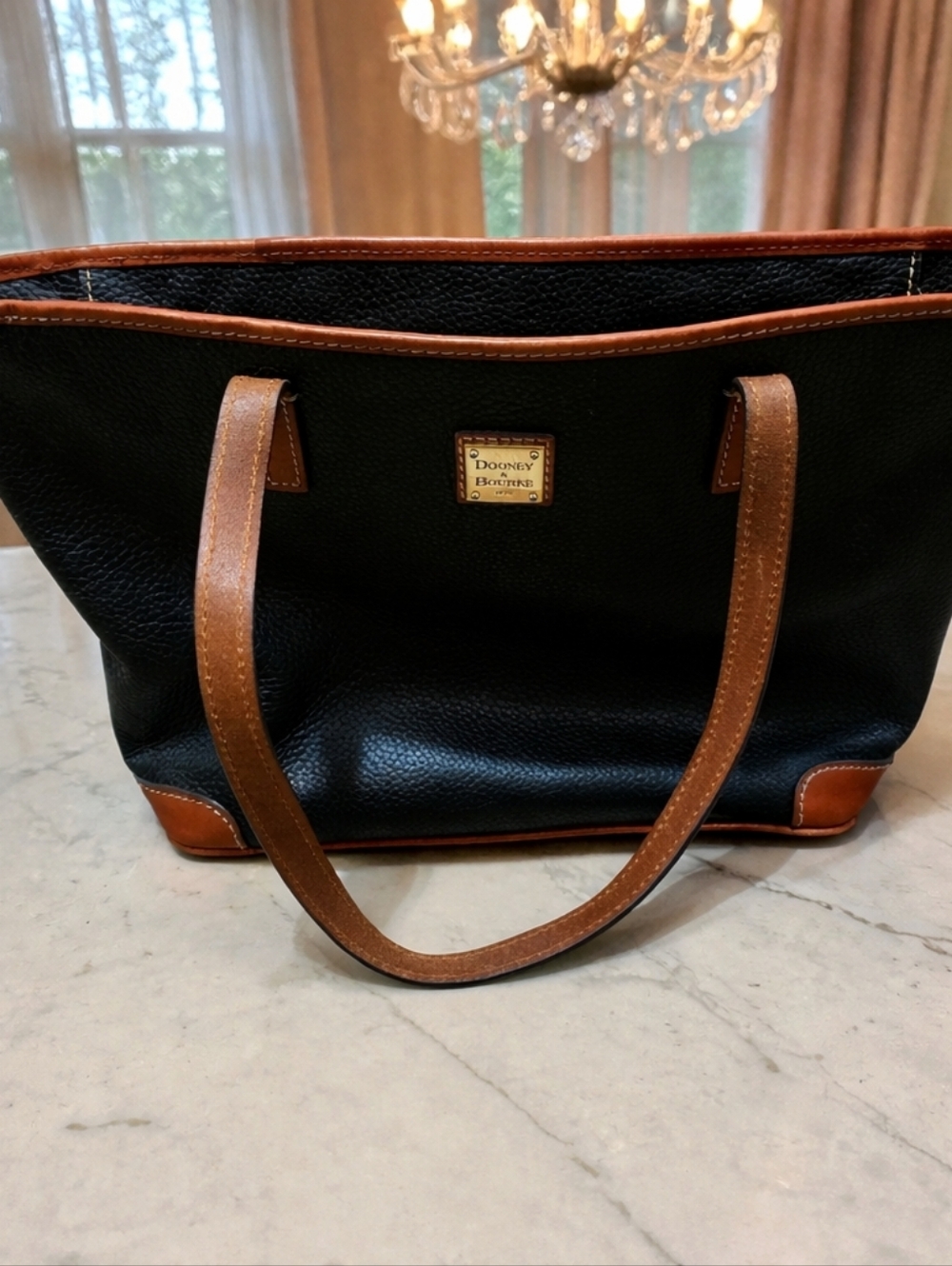 Dooney & Bourke Black Pebbled Leather Tote Brown Trim + NEW Red Leather Strap - Picture 9 of 9